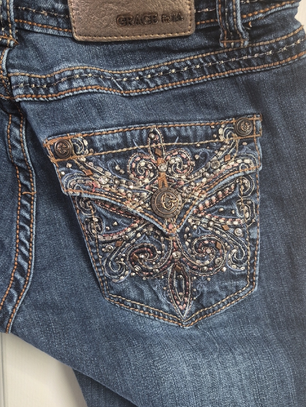 Grace Dark Blue Boot Cut Jeans with Embellished Pockets